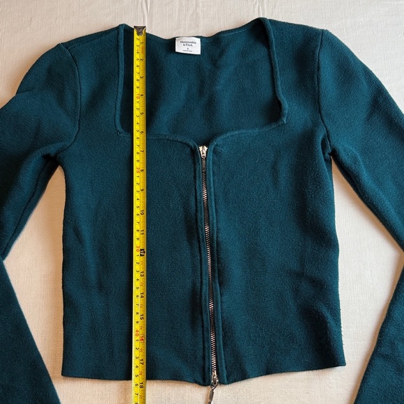 Abercrombie & Fitch Teal Ribbed Square Neck Knit Sweater Crop Front Zip Size S - Picture 5 of 12